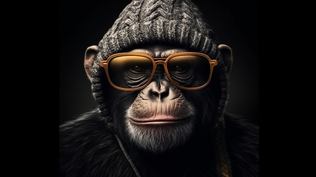 Szympans małpa w kapeluszu i okularach przeciwsłonecznych na ciemnym tlegenerative ai
