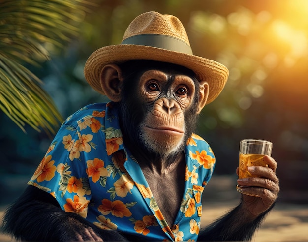 Szympans noszący słomiany kapelusz i kolorową hawajską koszulę jako turysta na tropikalnej wyspie