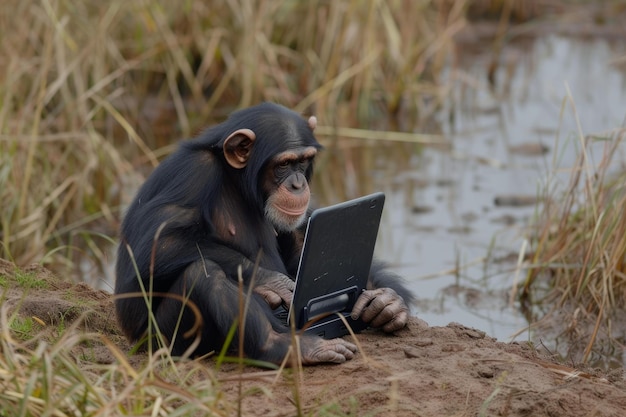 Zdjęcie szympans używający tabletki na świeżym powietrzu