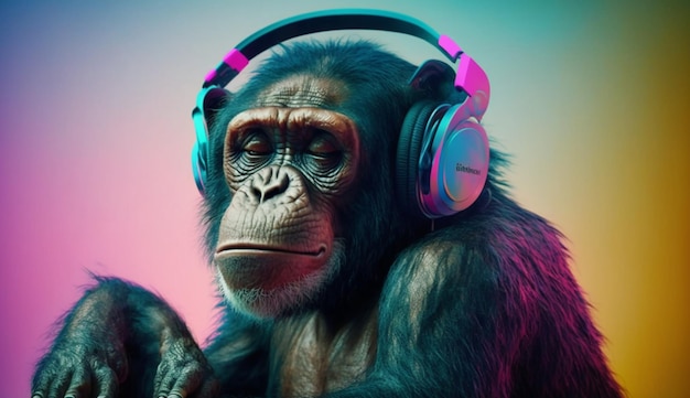Szympans w słuchawkach i słuchanie muzyki na kolorowym tle Generacyjna sztuczna inteligencja