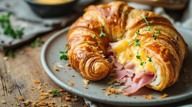 Szynka i croissant z serem na stole śniadaniowym.