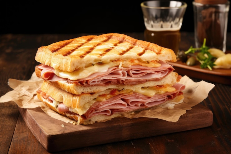 Zdjęcie szynka i ser podwójne panini wyciśnięte i podane na papierze kanapkowym na drewnianym stole