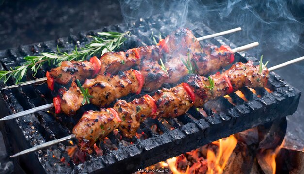 Szynki z mięsem i warzywami na grillu z ogniem węgla drzewnego barbecue