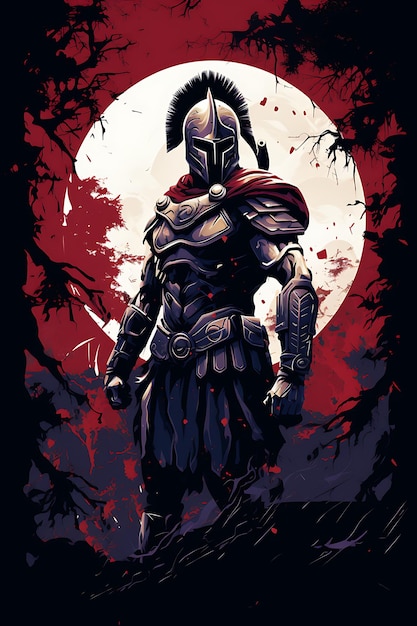 T-shirt Spartan Warrior in a Stoic Stance Włócznia i tarcza w ręku D 2D Flat Vector Art