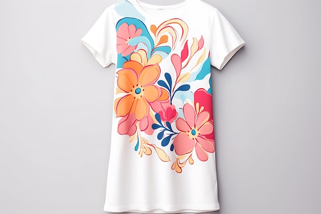 T-shirtowa sukienka Abstrakcyjna kwiatowa ilustracja Żywe kolory Ar Czysta, pusta biała koszulka do sesji zdjęciowej