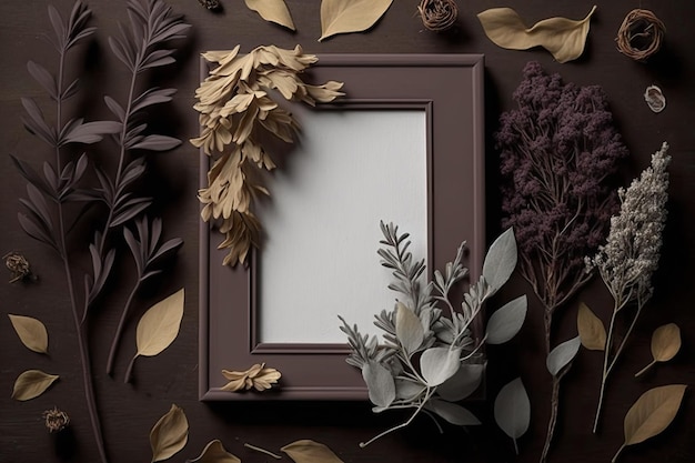 Ta czekoladowo-brązowa ramka na zdjęcia przedstawia naturalne suszone kwiaty szałwii i miejsce na kopię