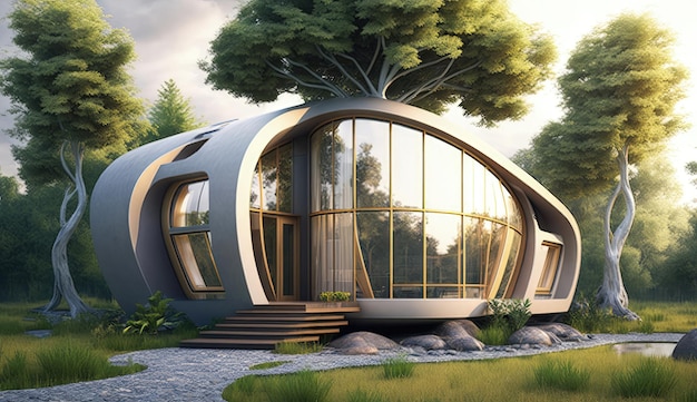 Ta grafika przedstawia przyjazny dla środowiska projekt domu, który odzwierciedla prostotę, minimalizm i zrównoważony rozwój Wygenerowane przez sztuczną inteligencję