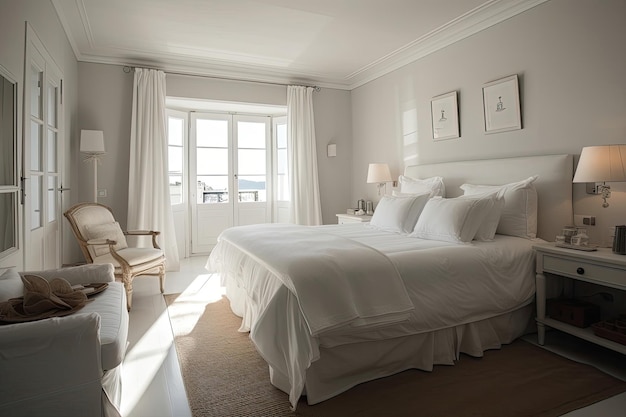 Ta grafika przedstawia przytulny pokój hotelowy urządzony w białych odcieniach, tworząc poczucie spokoju i spokoju Stworzone przy użyciu Generative AI