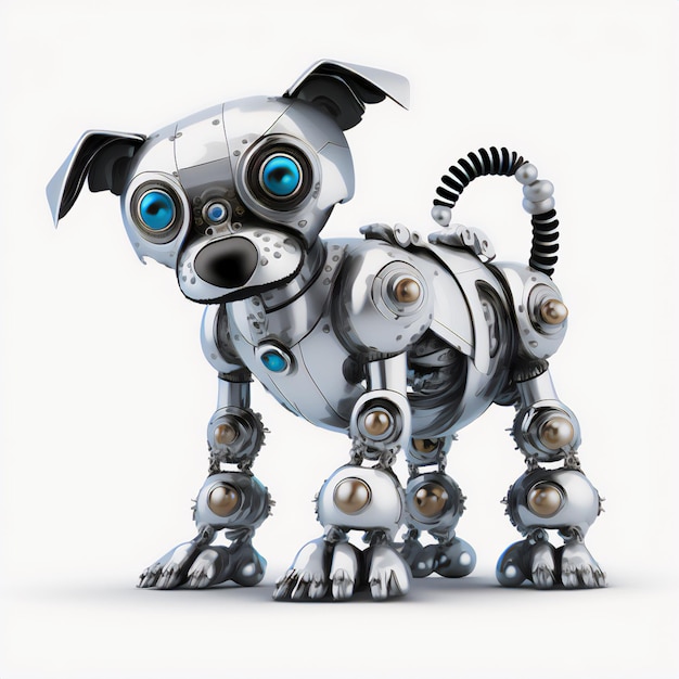 Ta ilustracja przedstawiająca psa-robota przedstawia ponadczasową pozę w futurystycznym stylu