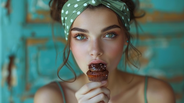 Ta młoda kobieta nosi retro zieloną opaskę z kropkami i gryzie czekoladowy ciasto.