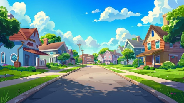 Ta nowoczesna ilustracja kreskówki krajobrazu miejskiego pokazuje dwa domy w rzędzie na ulicy z zieloną trawą na dziedzińcach, drogę i drogi. Na tle jest niebieskie niebo z chmurami.