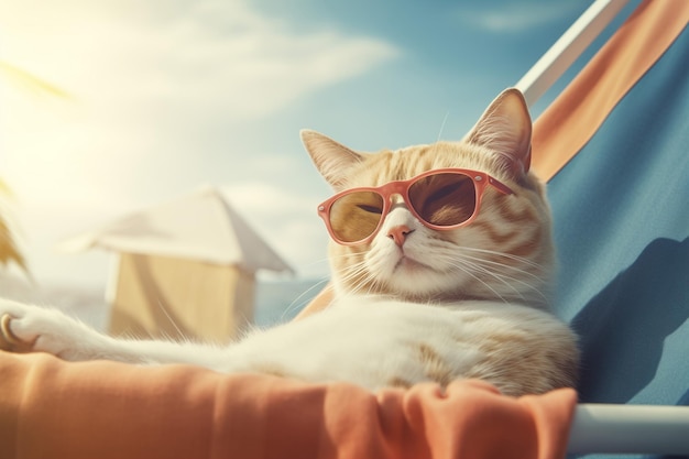 Tabby kot noszący okulary przeciwsłoneczne siedzący na krześle plażowym chłodzenie i opalanie się w lecie letnia podróż im