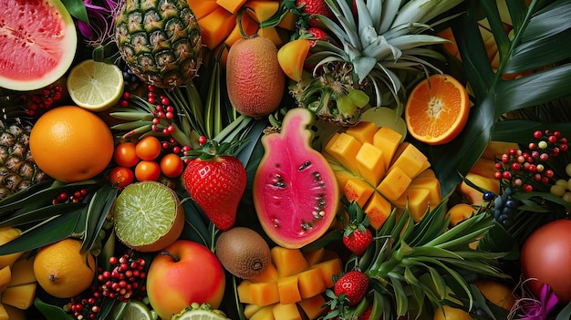 Tabela owoców i jagód ikona Mango banan ananas arbuz nektaryna granat truskawka pamella grejpfrut kiwi generowane przez AI