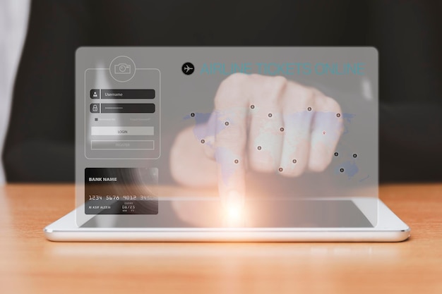 Tablet Typu Man Hand Point Tablet Z Aplikacją Wyszukującą Bilety Lotnicze Na Ekranie Aplikacja Do Rezerwacji Biletów Lotniczych Online Na Tablecie