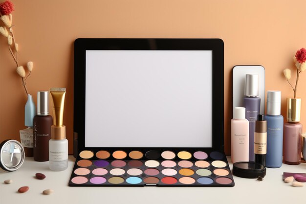 Zdjęcie tablet z białym ekranem pośród kolekcji kosmetyków stanowiącej połączenie nowoczesnego piękna