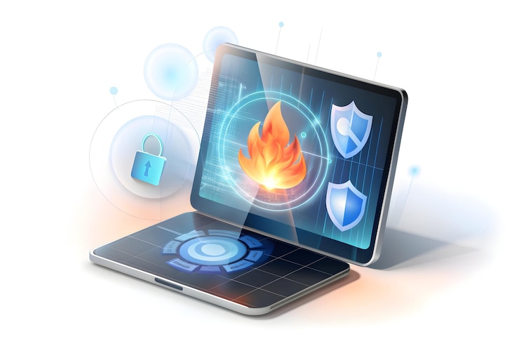 Zdjęcie tablet z holograficzną ścianą przeciwpożarową i ikonami bezpiecznej sieci w minimalistycznej konfiguracji biurka cyber security