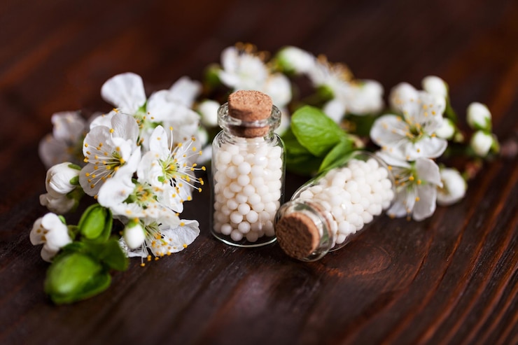 Zdjęcie tabletki homeopatyczne z wiosennymi kwiatami na drewnianym tlexaxa
