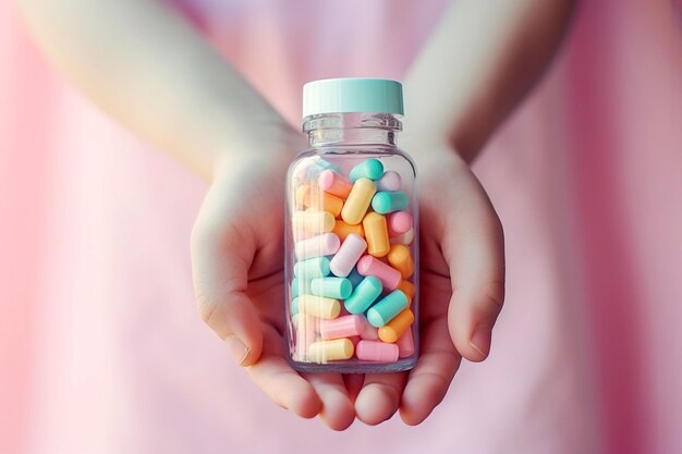 Tabletki medyczne w rękach dziecka Dziecko trzymające butelkę tabletek Trzymaj z dala od koncepcji zasięgu dzieci Chore dziecko z narkotykami Niebezpieczeństwo w domu Choroby dziecięce Witaminy dla dzieci Obraz wygenerowany przez sztuczną inteligencję