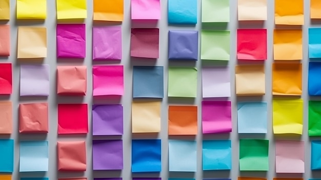 Tablica notatek programu Sticky Notes w biurze Wiele naklejek z różnych kolorowych papierów przypiętych