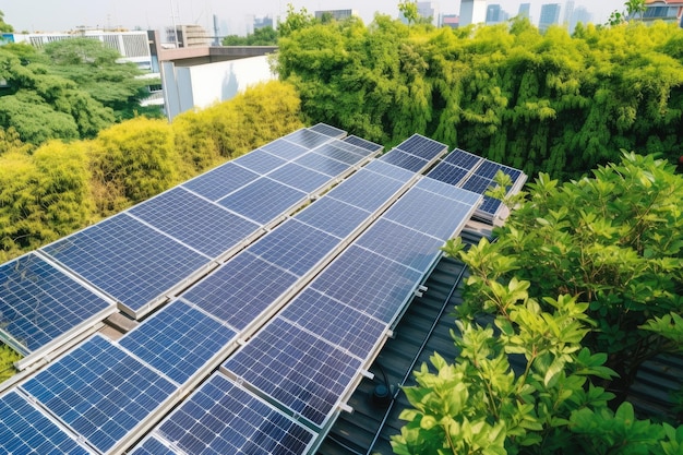 Tablica paneli słonecznych otoczona zielenią na dachu stworzona za pomocą generatywnej sztucznej inteligencji