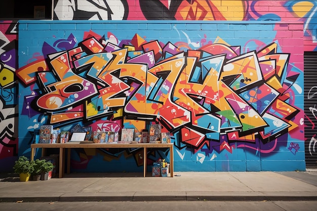 Tablica przed kolorową ścianą pokrytą graffitiem dla produktów sztuki miejskiej