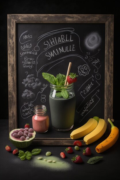 Zdjęcie tablica z butelką soku z kebaba i szklanką smoothie z bananem obok.