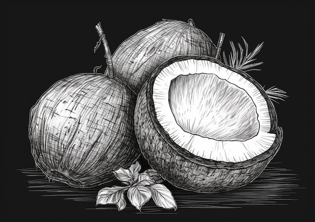 Zdjęcie tablica z kokosami i liśćmi na nim.