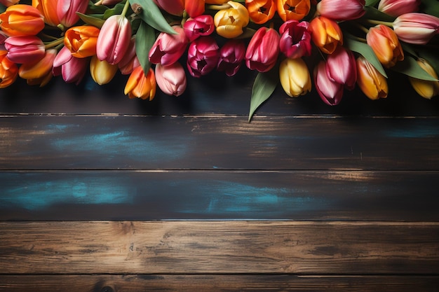Tablica z kwiatami tulipanów na rustykalnym drewnianym stole Skopiuj miejsce na tekst