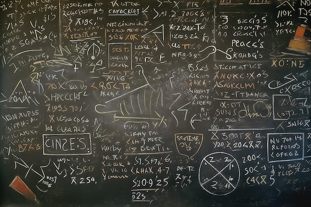 Tablica z napisem formuł naukowych i obliczeń w fizyce i matematyce