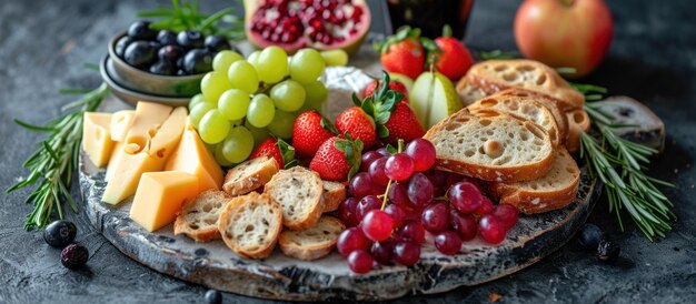 taca serowa z różnymi owocami i chlebem