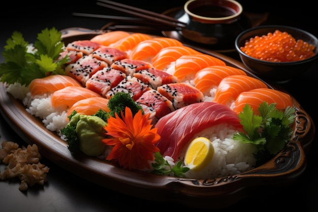 Taca sushi ToGO z kolorowymi kawałkami i sosem generatywnym IA