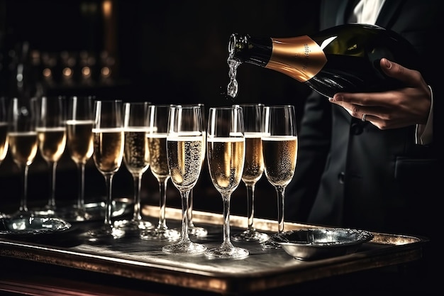 Taca z kieliszkami szampana w rękach kelnera w restauracji z okazji luksusowego przyjęcia Generative AI