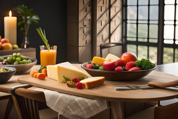 Zdjęcie taca z serem, owocami i warzywami na stole.