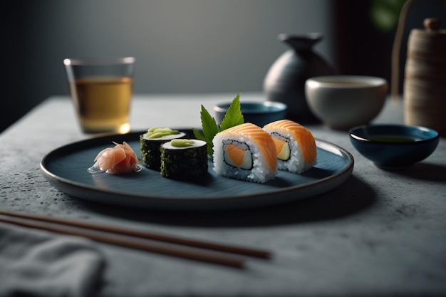 Zdjęcie taca z sushi i sosami z różnymi składnikami