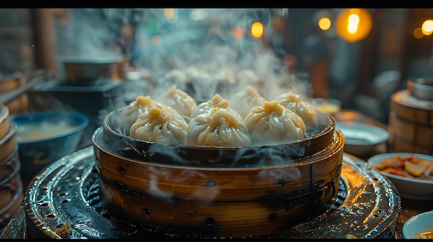 Zdjęcie tacę chińskich knedli z ogniem