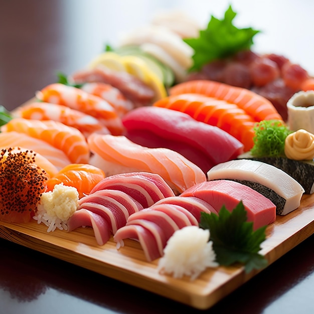 Zdjęcie tacę sushi z różnorodnymi sushi na nim