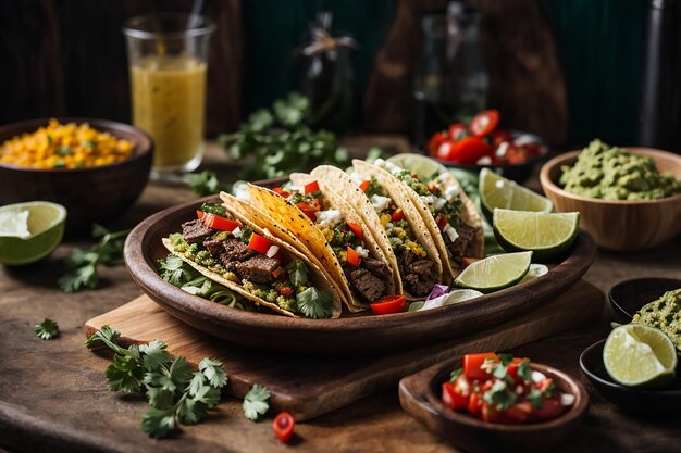 Zdjęcie taco z wołowiną, grillowanymi warzywami i guacamole