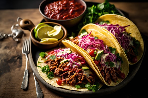 Tacos Barbacoa z szarpaną sałatą mięsną i marynowaną czerwoną cebulą