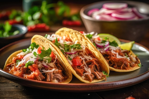 Tacos Chrupiące tortille mączno-kukurydziane nadziewane salsą z parówki i guacamole Klasyczny TexMex lub meksykańska restauracja Ulubione danie główne Ai generatywne