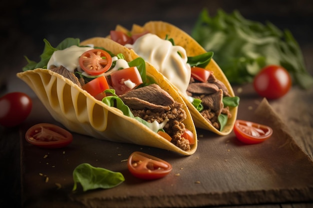 Tacos na drewnianej desce z pomidorami i sałatą