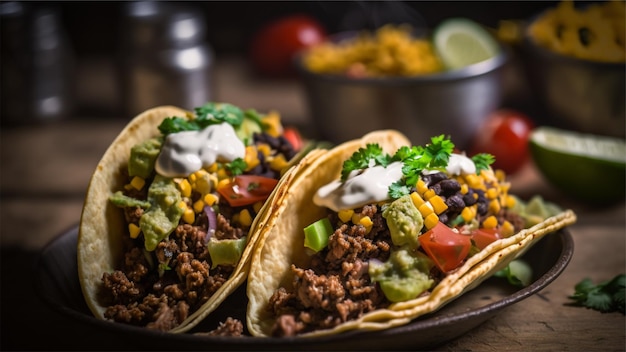 Tacos na talerzu z miską sosu taco