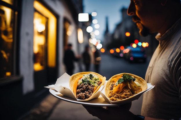 Tacos nocą Mężczyzna trzymający meksykańskie tacos na tle miasta nocą