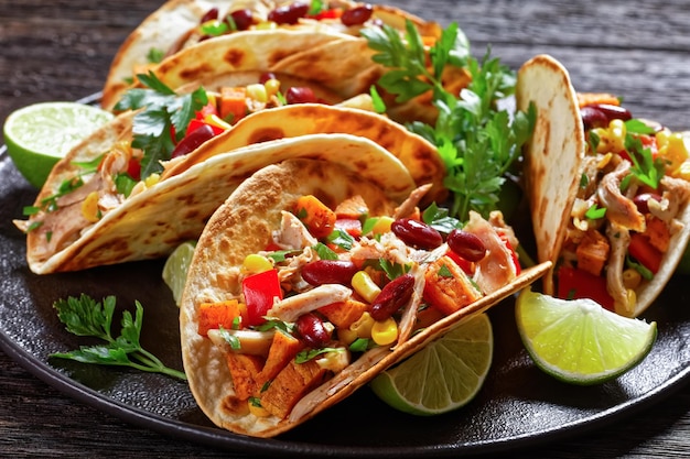 tacos z mącznych skorupek tortilli nadziewane grillowanym mięsem kurczaka, kukurydzą, pieczonymi kostkami batatów, czerwoną papryką i natką pietruszki podane na czarnym talerzu, z bliska