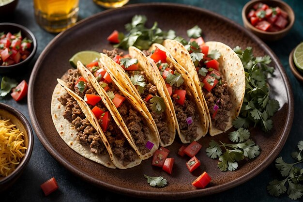 Tacos z mieloną wołowiną na talerzu, widok z góry