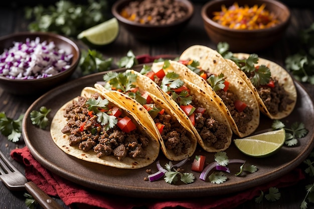 Tacos z mieloną wołowiną na talerzu, widok z góry