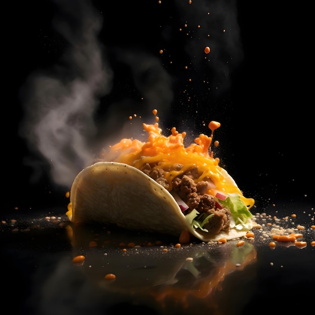 Tacos z mięsem i warzywami na czarnym tle z płomieniami