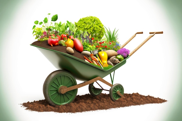 Taczka ogrodowa z glebą i narzędziami do sadzenia warzyw i owoców