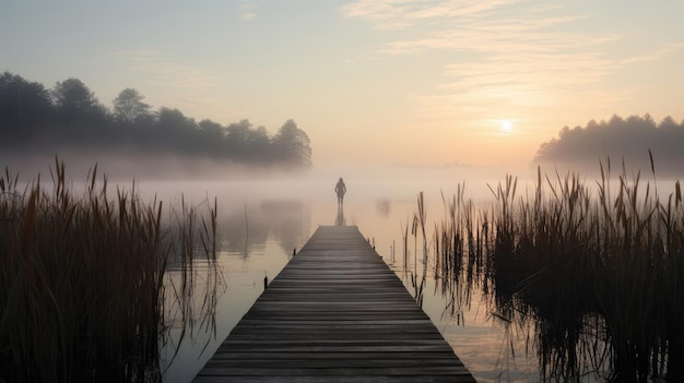 Zdjęcie tai chi nad jeziorem w dawn mist reeds i serenity