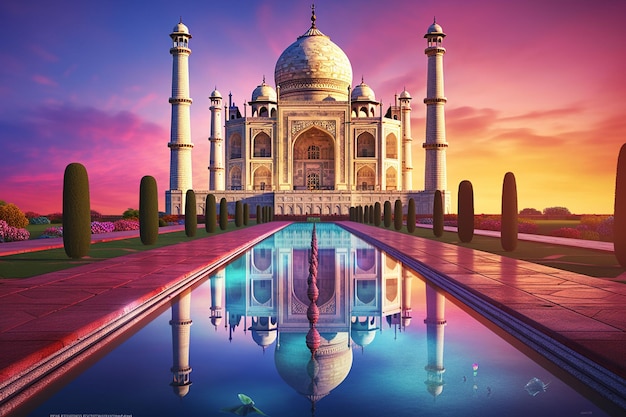 Taj Mahal z odbiciem w stawie 3D rendering ai generowany