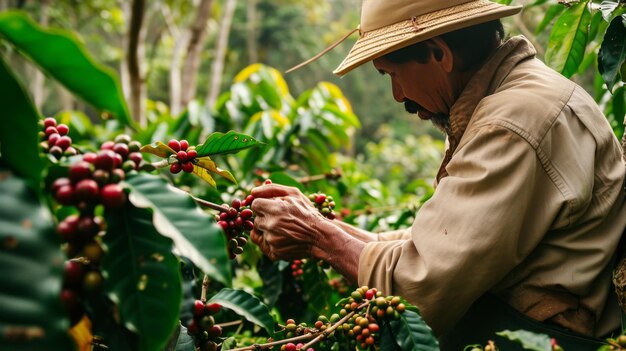 Tajemnica nieznanego rolnika kawy, który zbiera świeże organiczne ziarna kawy na bujnym terenie